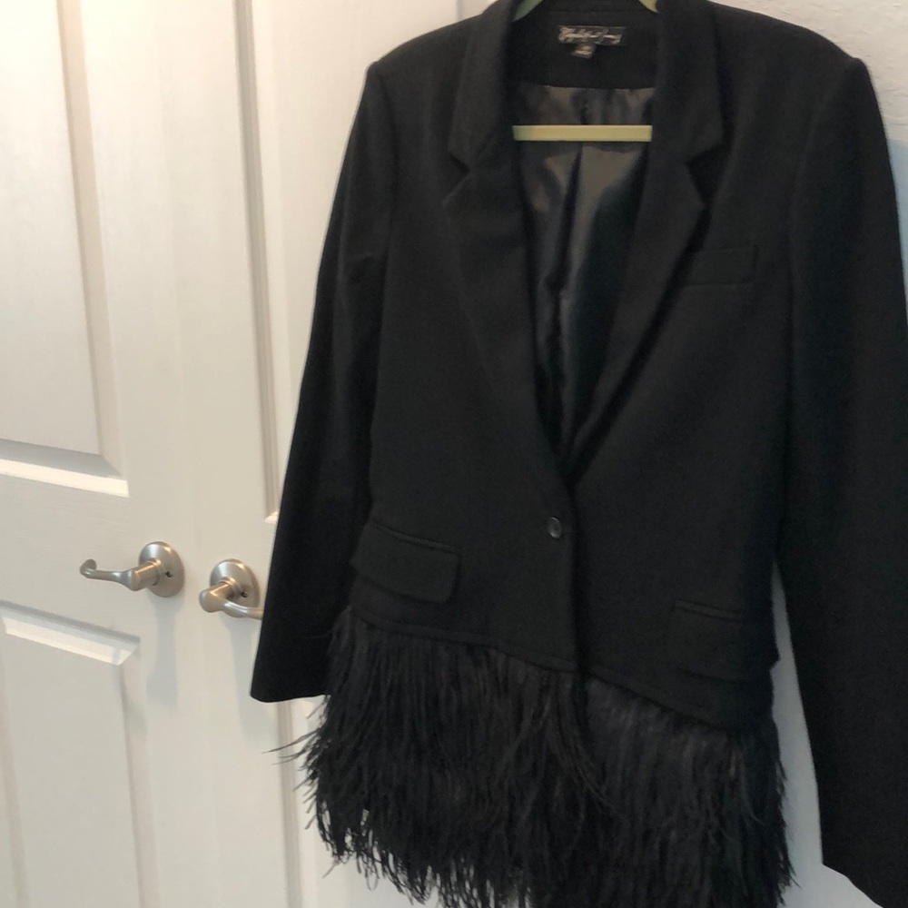 Elizabeth and James blazer with feathers
